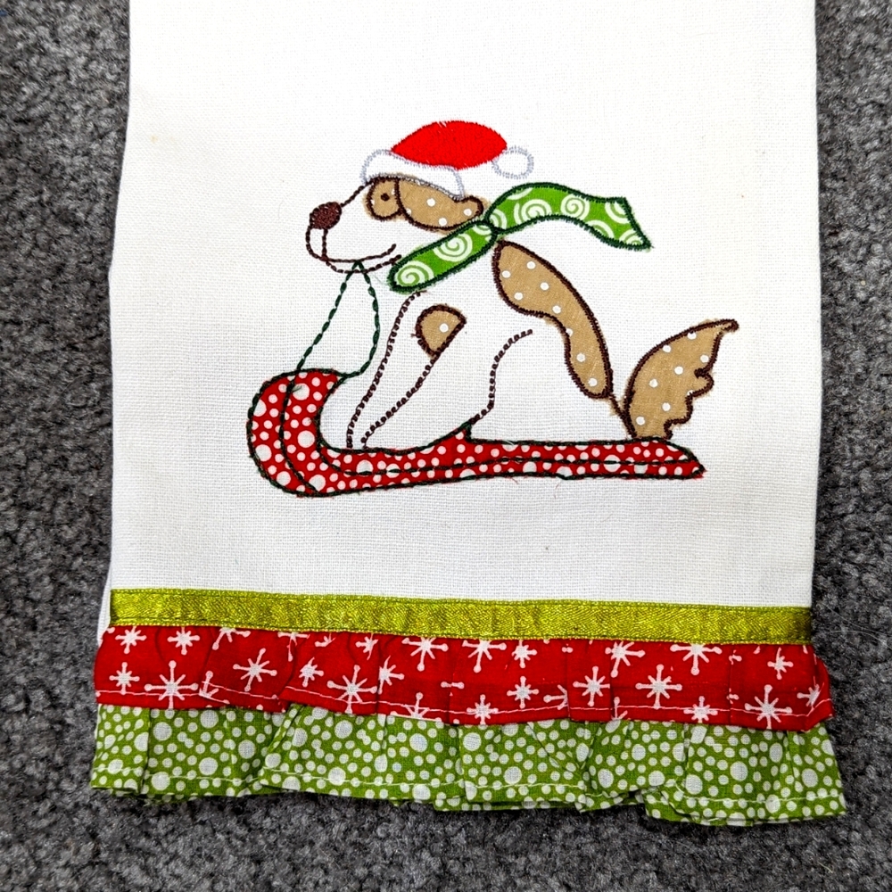 Cynthia Rowley Holiday Embroidered/Ruffled Dog Sled Tea Towel
